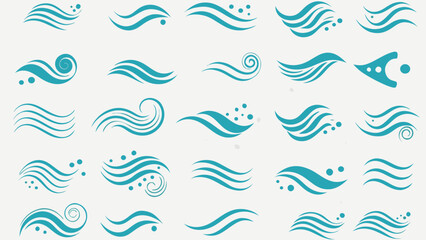 Vector collection of teal wavy lines and swirls resembling water or wind patterns in various designs