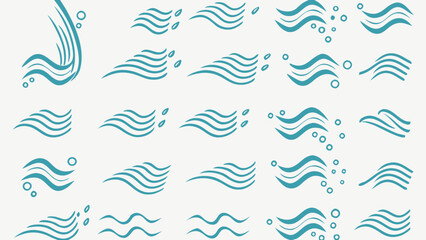 Vector illustration featuring multiple teal wave patterns and water droplets scattered across a white background artfully