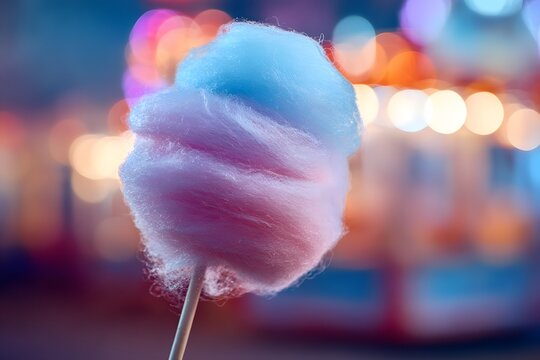 Close-up of pink and blue cotton candy on stick with blurred colorful bokeh carnival lights in the background.
