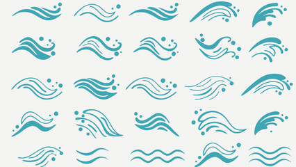 Vector collection of teal wave illustrations and water droplet designs arranged in a grid pattern on white