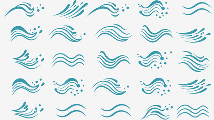 Vector illustration showing a collection of stylized teal water waves and splashes on a white background design element