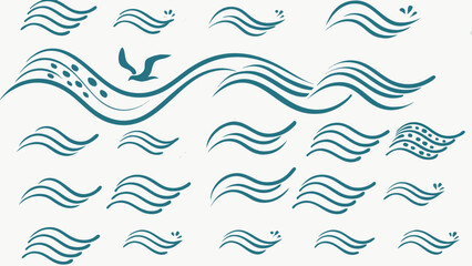 Vector illustration showing multiple teal wave designs with a bird and water droplets on a white background