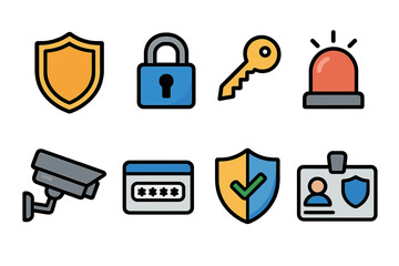 Modern digital security icons set. Shield, lock, key, siren, CCTV camera, password, identity badge, authentication, access control, data protection, cyber safety. Vector illustration.
