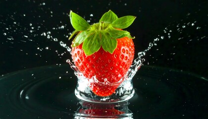 Ripe red strawberry splashing into water, ideal for food blogs, summer advertisements, refreshing drink packaging, and vibrant fruitthemed designs.