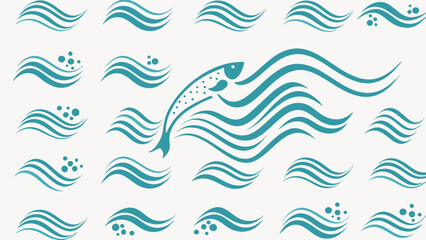 Vector stylized illustration of a fish jumping through waves surrounded by water wave patterns design