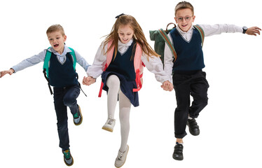 Schoolchildren running hand in hand in uniforms with backpacks on transparent background. Concept...