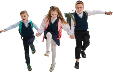 Schoolchildren running hand in hand in uniforms with backpacks on transparent background. Concept of joy, childhood, education, teamwork, friendship, and active learning lifestyle.