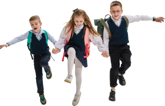 Schoolchildren running hand in hand in uniforms with backpacks on transparent background. Concept of joy, childhood, education, teamwork, friendship, and active learning lifestyle.