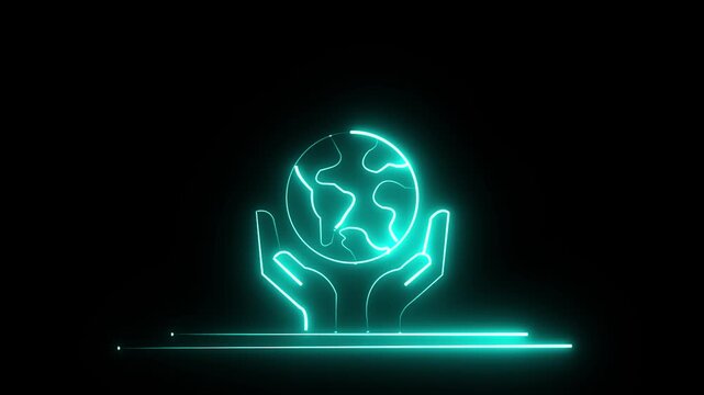 Glowing neon line Human hands holding Earth globe icon isolated animation .World humanitarian day. Animated vector illustration of hand and moving globe.