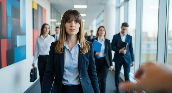 Confident businesswoman walking through modern office hallway, colleagues in background.