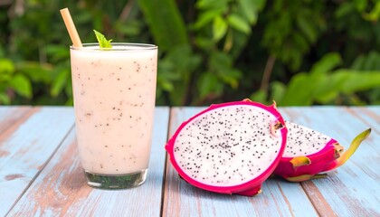 Dragon fruit smoothie and sliced dragon fruit on a table. Suitable for health and wellness, food and beverage, and recipe content.