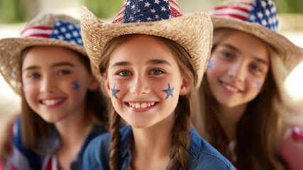 Three smiling girls and child with braided hair, wearing straw hats decorated with patriotic American flag patterns, blue star face paint, and festive outfits, celebrate outdoors with bright smiles - Powered by Adobe
