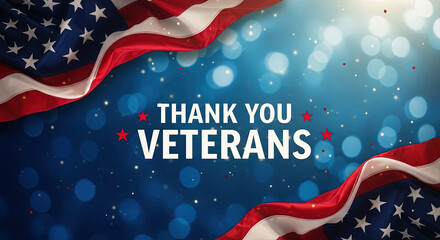 Patriotic Thank You Veterans Day Image with American Flags and Bokeh Lights for Honoring Military Service and National Holiday Celebrations