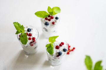 Yogurt Chia Seed Dessert With Red Currants And Blueberries