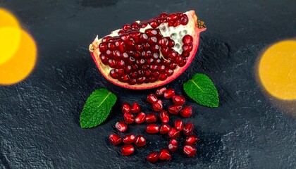 Cut pomegranate fruit and seeds with mint leaves on slate background. Ideal for food blogs, recipe websites, and health magazines.