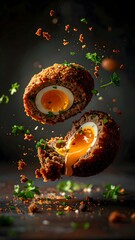 Crispy Scotch Egg with Runny Yellow Egg Center, Rich Flavored Breaded Exterior, Garnished with Fresh Herbs and Spices, Captu a Delicious Snack or Appetizer Scene