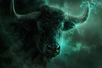 Concept of Taurus zodiac sign symbol, abstract vivid composition consists of fictional unreal fantastic vision on background