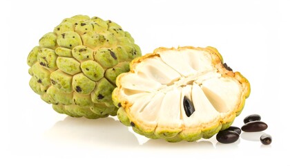 Fresh custard apples sliced into halves, showcasing its seeds. Ideal for food and agriculturerelated designs and healthconscious content.