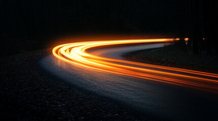 Glowing streaks of light moving along a dark abstract path. Futuristic motion background symbolizing energy flow, innovation, and technology in a digital landscape.