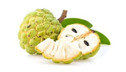 Soursop fruit showcases one whole and one cut, suitable for food blogs, health publications, or organic product designs.