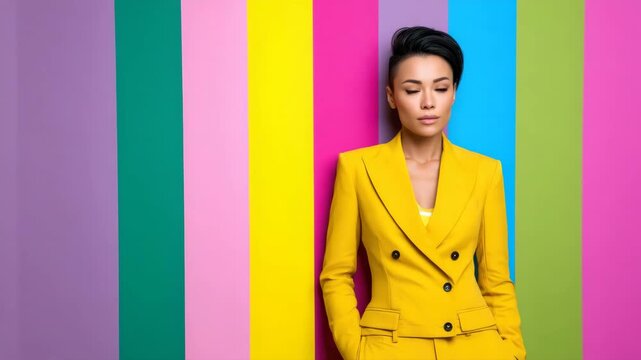 Confident woman yellow suit with short hair stands against vibrant multicolored wall with striped background, exuding modern, stylish, and bold attitude, hands pockets, urban fashion concept