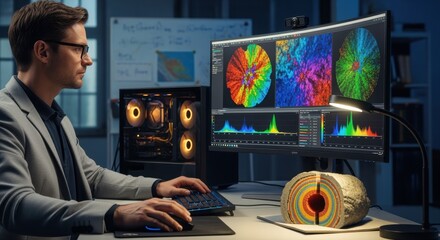 Data scientist processes raw hyperspectral images of geological core samples using specialized software to identify trace elements and mineral distribution.