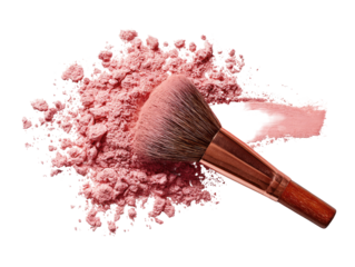 A blush brush dipped in light pink powder, with a splattered effect
