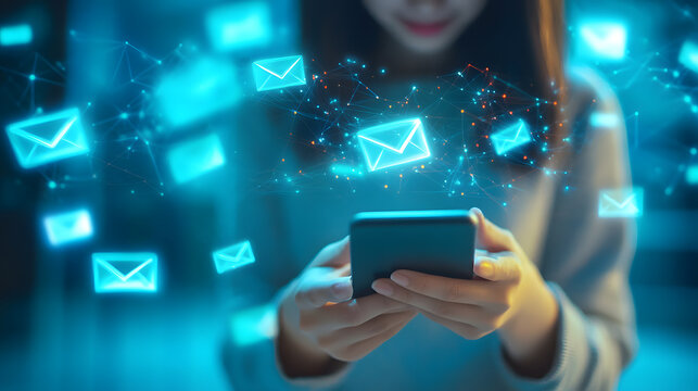 Young woman using smartphone for email campaign, digital contact management, glowing envelope icons, modern technology concept