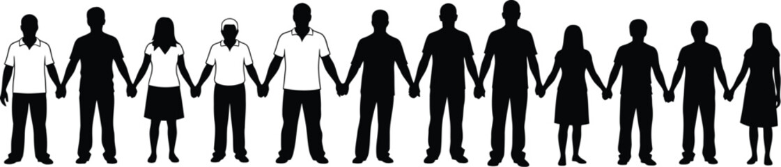 Silhouette of a diverse group of people holding hands, symbolizing unity, togetherness, and community support