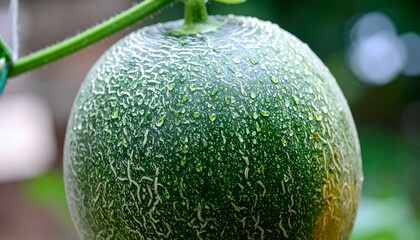 Green melon on vine, fresh and attractive. Suitable for foodrelated designs, organic products, farm markets. Perfect for summerthemed projects.