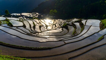 Terraced rice paddies with water and greenery, perfect for agricultural concepts, environmental themes, travel brochures, and rural landscapes.