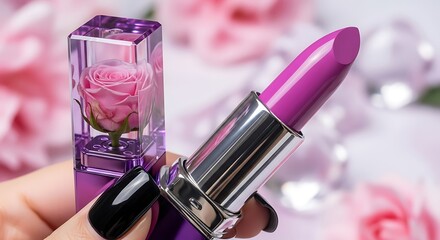 make up accessories with lipstick isolated on purple background