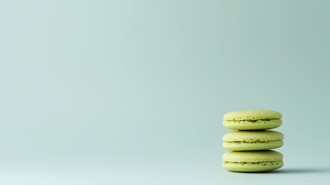 Three light green macarons stacked against a soft blue background
