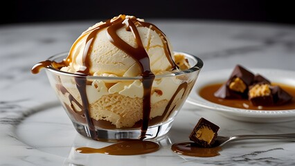 Delicious dessert with vanilla and chocolate ice cream on a plate