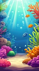 A vibrant illustration of an underwater coral reef teeming with marine life, but with no animals present.