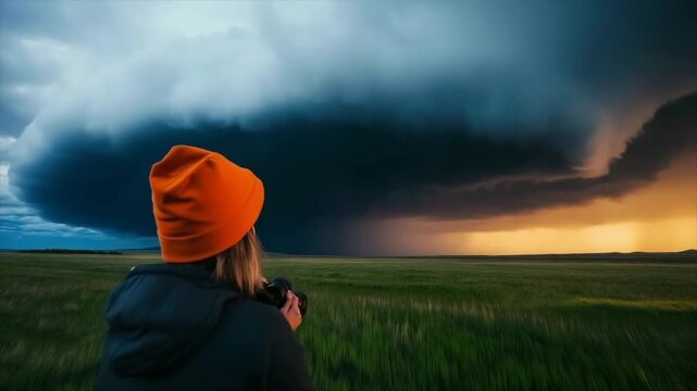 Storm chaser observing supercell thunderstorm formation
