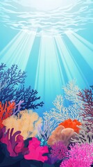 A vibrant illustration of an underwater coral reef teeming with marine life, but with no animals present.