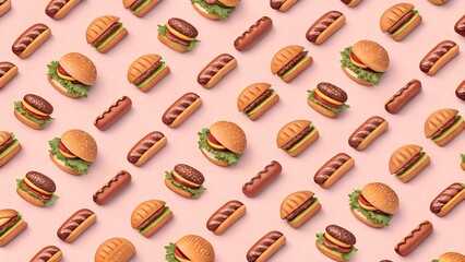 Top view of a repeating fast food pattern with burgers and hot dogs