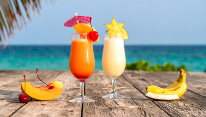 Two tropical drinks on a wooden deck with fruit, ocean backdrop. Great for travel, vacation, summer themes in design projects.