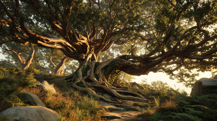 Ancient tree with sprawling roots and foliage