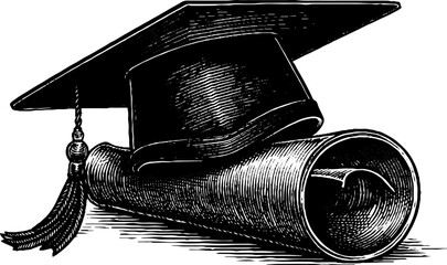 Engraved illustration of graduation cap and diploma for educational design