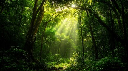 Fototapeta premium Lush green forest with sunlight streaming through trees nature landscape scenic beauty photography