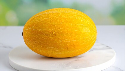 Golden canary melon on white marble round plate . Suitable for food blogs, websites, healthy eating concepts, and summerthemed designs.