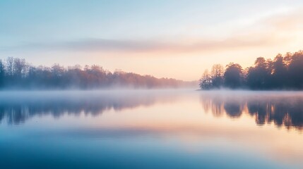 Fototapeta premium Beautiful lake landscape with fog and reflections nature scenic view for wallpaper and backgrounds hd images