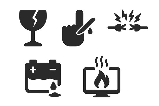 Hazard warning icons. Safety signs set. Fragile glass, sharp object cut finger, short circuit electrical hazard, battery leak acid, overheating fire. Vector symbol collection.