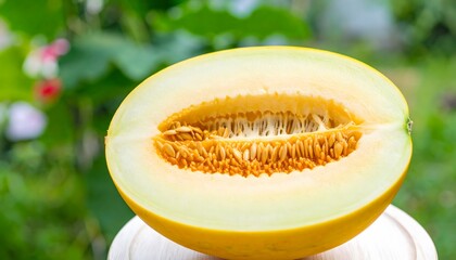 Half cantaloupe melon on a white platform stand. Suitable for food blogs, recipe websites, healthy eating articles, and summer fruit promotions.