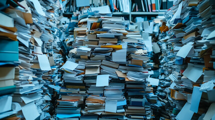 Disorganized archive with messy paper files and chaotic stacks of documents. Cluttered office records and paperwork symbolizing overload, bureaucracy, and information management issues.