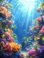 A vibrant illustration of an underwater coral reef teeming with marine life, but with no animals present.