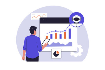 Man Analyzing Financial Data with AI Illustration. Vector Flat Illustration