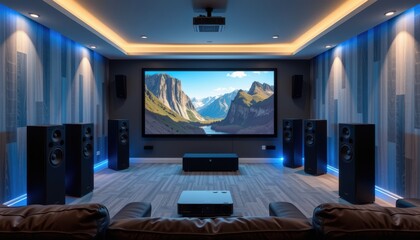 Home theater with large screen and surround sound speakers.